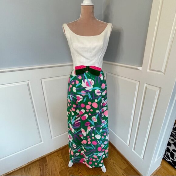 Vintage 1960's Linen Pink & Green Linen Floral High Waist Maxi Dress Vibrant - Picture 4 of 11